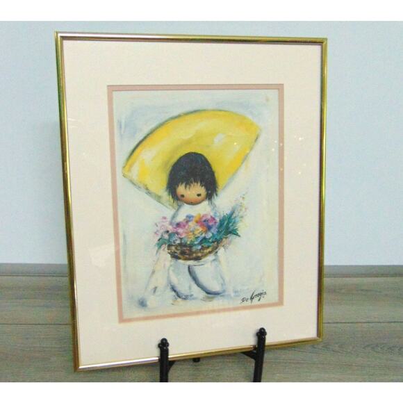 VTG Ted DeGrazia FRAMED Indian FLOWER BOY GIRL ART PRINT Yellow Hat 14x17" EUC - Picture 5 of 5